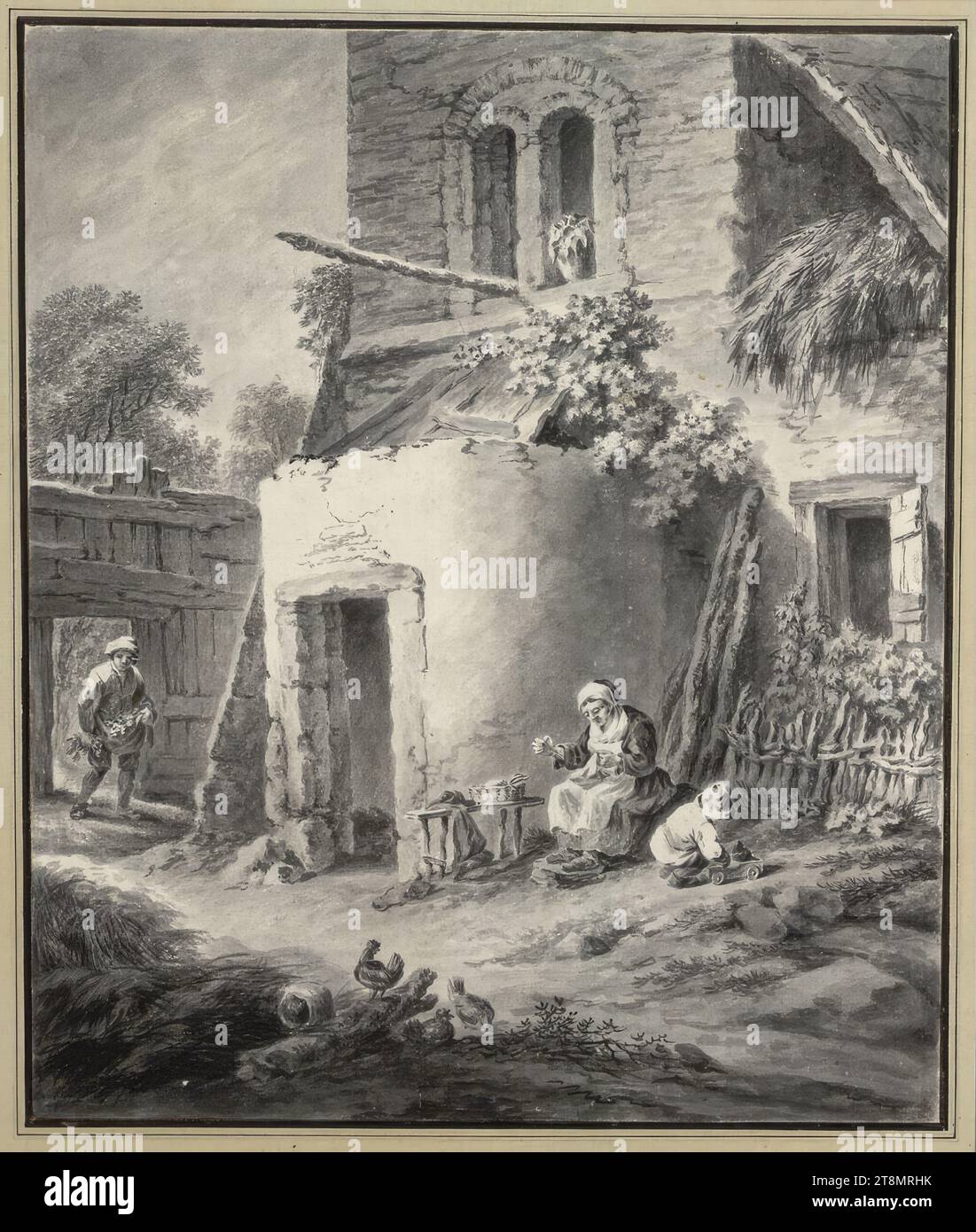 Woman sewing, child playing in the courtyard and farmer returning home with vegetables, Martin von Molitor (Vienna 1759 - 1812 Vienna), drawing, brush, black ink, gray wash, 33.8 x 28.2 cm, r.r. Duke Albert of Saxe-Teschen Stock Photo