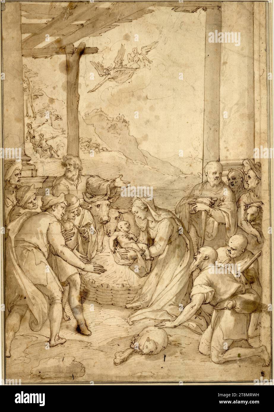 Adoration of the Shepherds, Federico Zuccari (Sant' Angelo in Vado 1540/41 - 1609 Ancona), drawing, chalk; Feather; washed; brownish paper, 39.5 x 27.7 cm, l.l. Duke Albert of Saxe-Teschen Stock Photo
