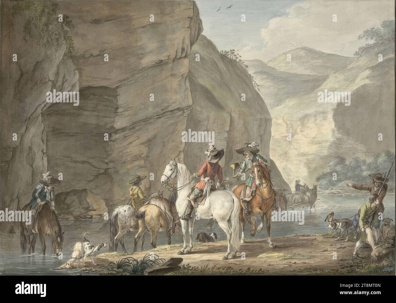 Hunting Party by the River in the Shade of a Large Rock Face, Johann Georg Pforr (Ulfen, Hesse 1745–1798 Frankfurt am Main), 1787, Drawing, black and black-grey pen, watercolour, over traces of pencil; black framing line, 30 x 43.1 cm, l.l. Duke Albert of Saxe-Teschen Stock Photo