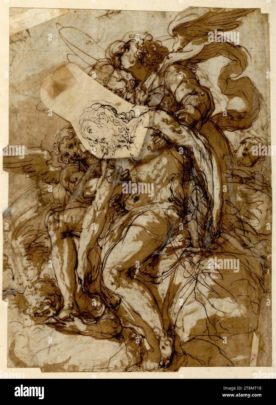 Christ's body supported by angels, Christ's head glued again as a pentimento on a movable piece of paper, Federico Zuccari (Sant' Angelo in Vado 1540/41 - 1609 Ancona), drawing, pen; Ink; washed, 25.8 x 19.8 cm Stock Photo