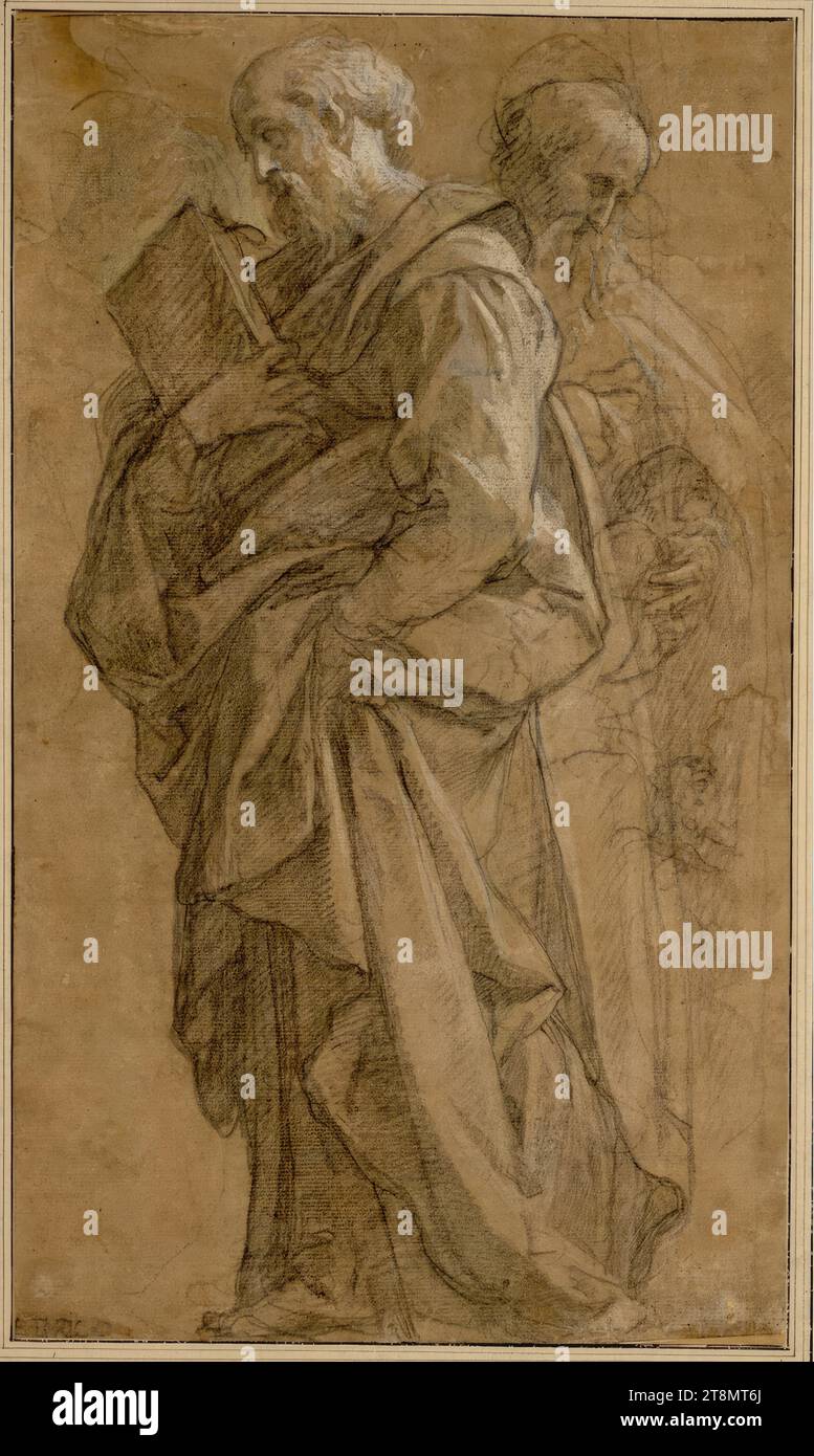 Two standing apostles; Head Sketches, Anonymous, c. 1600, Drawing, chalk; white heightened, 42.4 x 24.9 cm, l.l. Duke Albert of Saxe-Teschen, lower left in chalk 'SORICO Stock Photo