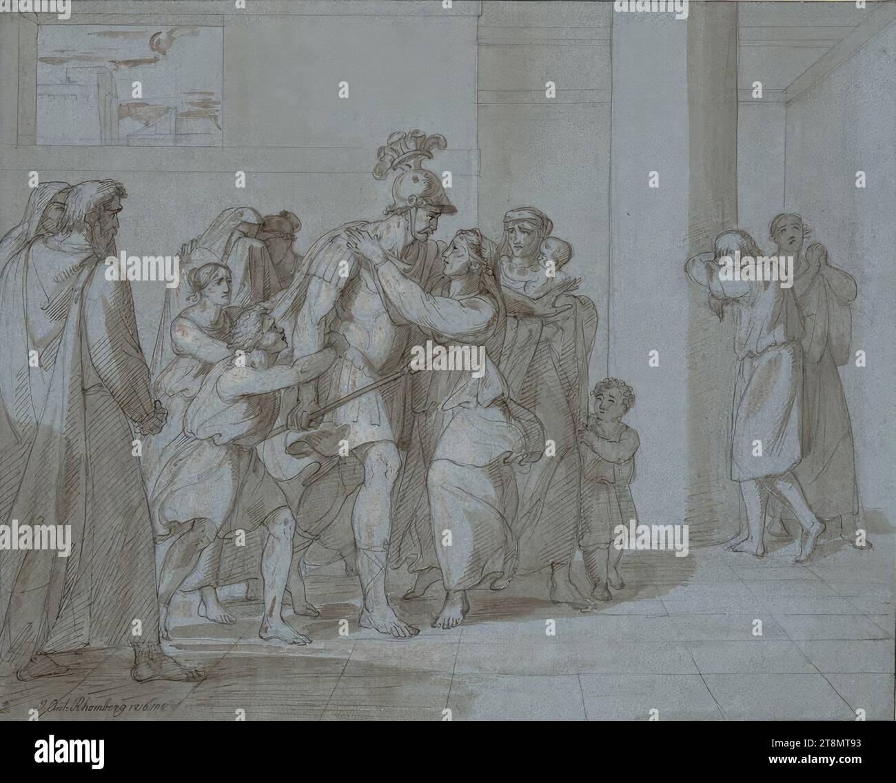 Hector's farewell to Andromache, Joseph Anton Rhomberg (Dornbirn 1786 - 1855 Munich), 1816, drawing, brown-grey pen, wash, heightened with white brush, over pencil, on blue paper; black edging, 34.1 x 42.8 cm (13 7/16 x 16 7/8 in.), l.l. Duke Albert of Saxe-Teschen, l.u. 'J:Ant:Rhomberg 1816 inv' (pen in brown-grey over earlier lettering in pencil: illegible with numbers '18') Passepartout: on Albert mount 'Jean Antoine Rhomberg', 'Hector entouré de ses Parens en pleur prenant Conge d'Andromaque au Mom Stock Photo