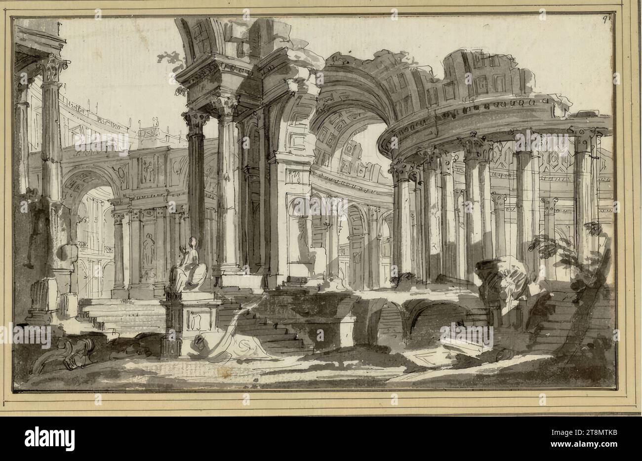 One of twelve representative pieces of architecture for theatrical decorations, 1780-1800, drawing, ink, pen, washed, 11.5 x 18.5 cm, l. u. Duke Albert of Saxe-Teschen Stock Photo