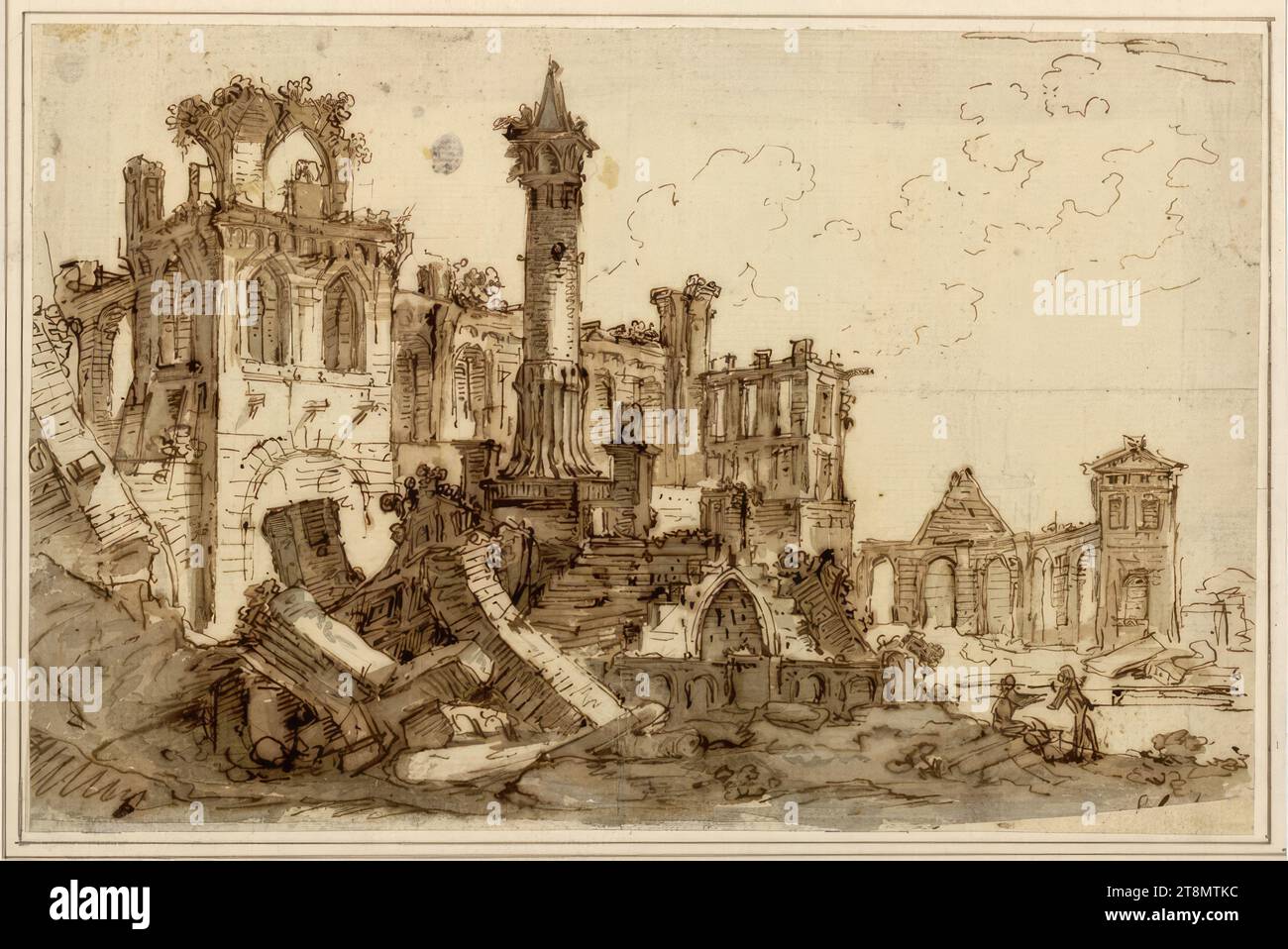 Three pieces of Architecture (ruins) for Theatrical Decorations, 1780-1800, Zeichnung, Feder, Bister, laviert, 12.6 x 19.1 cm Stock Photo