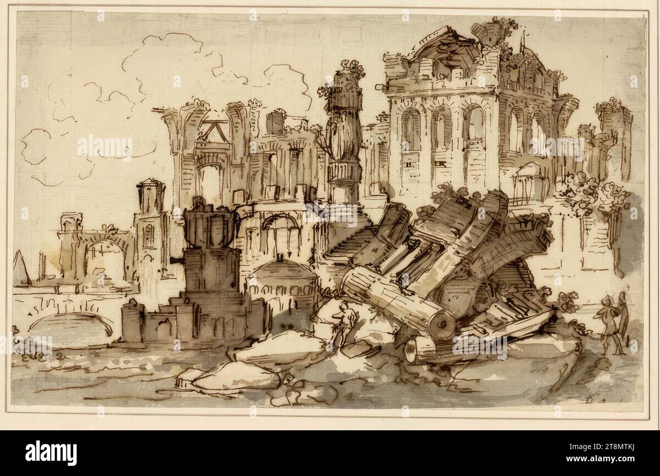 Three pieces of Architecture (ruins) for Theatrical Decorations, 1780-1800, Zeichnung, Feder, Bister, laviert, 11.8 x 18.9 cm Stock Photo