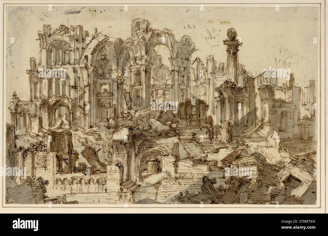 Three pieces of Architecture (ruins) for Theatrical Decorations, 1780-1800, Zeichnung, Feder, Bister, laviert, 12 x 18.8 cm Stock Photo