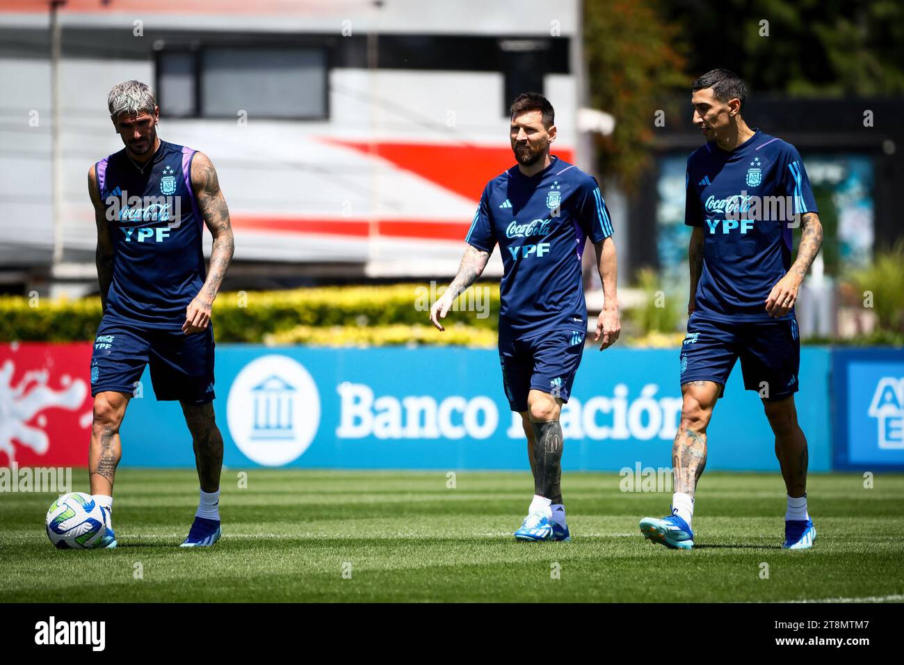 Ezeiza, Argentina. 20th Nov, 2023. Rodrigo de Paul (L), Lionel Messi (C) and Angel Di Maria (R) of Argentina seen during the Argentina Training Session at Lionel Messi Training Camp, on November 20 2023 in Ezeiza. Credit: SOPA Images Limited/Alamy Live News Stock Photo