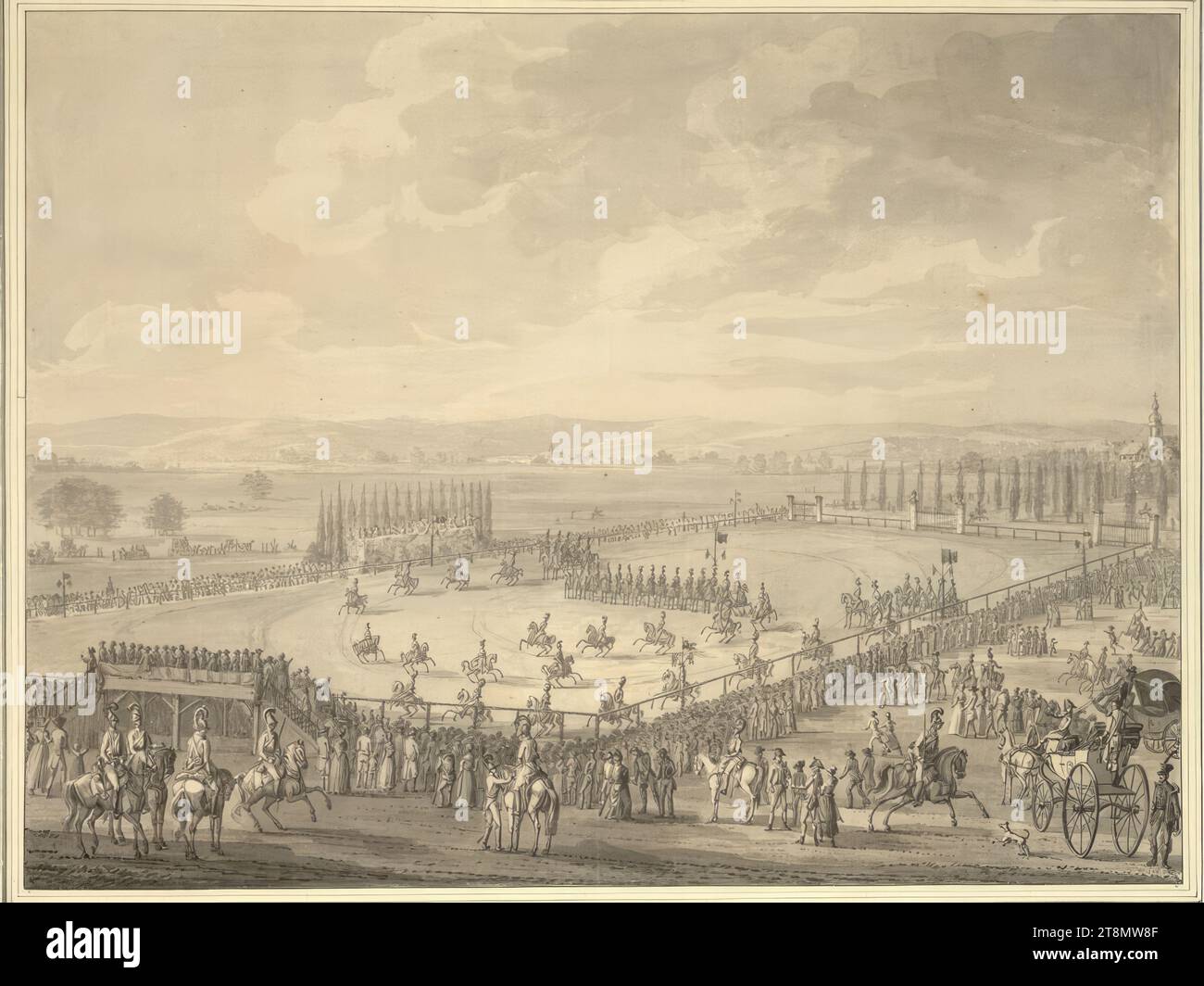 Drill demonstration with figure riding by the cuirassier regiment of Duke Albert von Sachsen-Teschen near Trauendorff, Sebastian Warmuth Edler von Schlachtfeld (Pardubice 1788 - 1873 Vienna), drawing, pen and brush in grey, washed, black framing line, 32.5 x 43 cm, l.l. Duke Albert of Saxe-Teschen Stock Photo