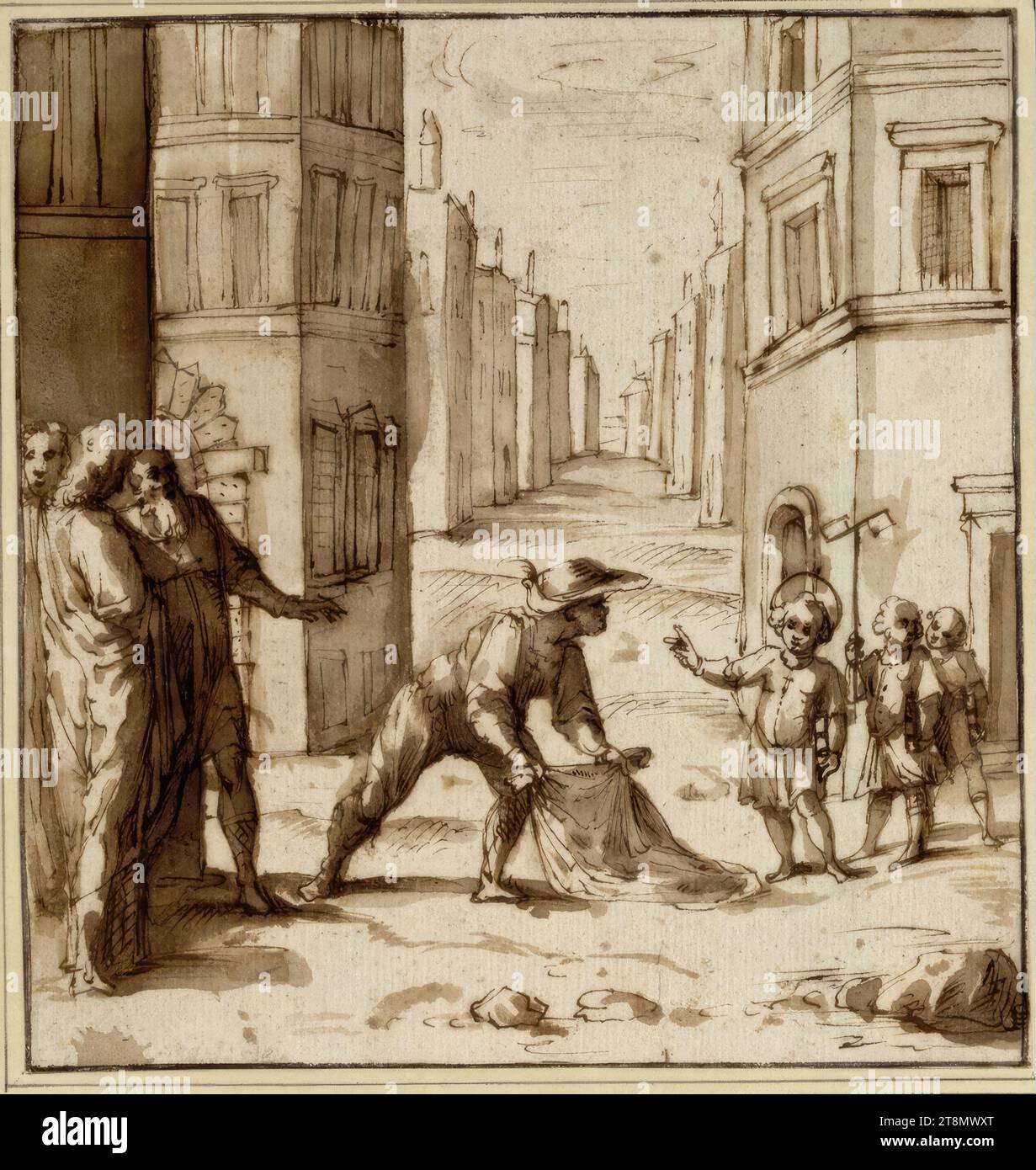 A simple man spreads his cloak on the street in front of Saint Francis as a child, Domenico Cresti called Passignano (Badia a Passignano (Tavarnelle Val di Pesa) 1559 - 1638 Florence), drawing, pen, ink, wash, 16.5 x 16.0 cm, l.l. Duke Albert of Saxe-Teschen Stock Photo