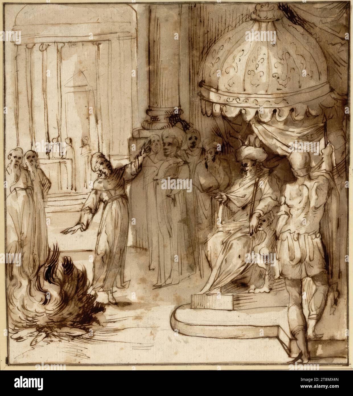 Saint Francis challenges the ruler to put his hand in the fire and prove the truth of the Christian faith, Domenico Cresti gen. Passignano (Badia a Passignano (Tavarnelle Val di Pesa) 1559 - 1638 Florence), drawing, pen, ink, washed, 16.0 x 16.0 cm, l.l. Duke Albert of Saxe-Teschen Stock Photo