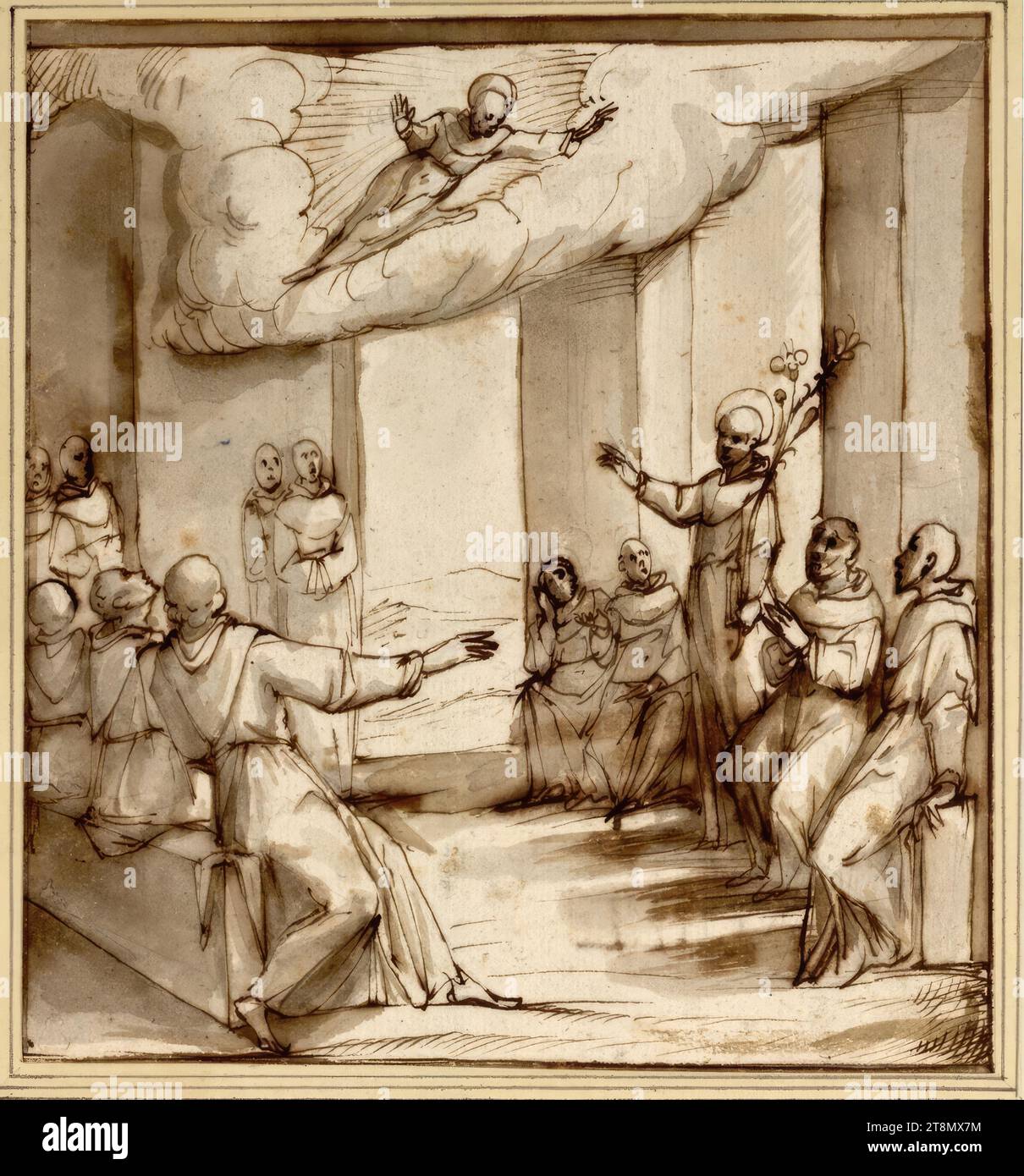 While Saint Anthony is preaching, Saint Francis appears to him in clouds, Domenico Cresti gen. Passignano (Badia a Passignano (Tavarnelle Val di Pesa) 1559 - 1638 Florence), drawing, pen, ink, wash, 16.0 x 15.9 cm, l.b. Duke Albert of Saxe-Teschen Stock Photo