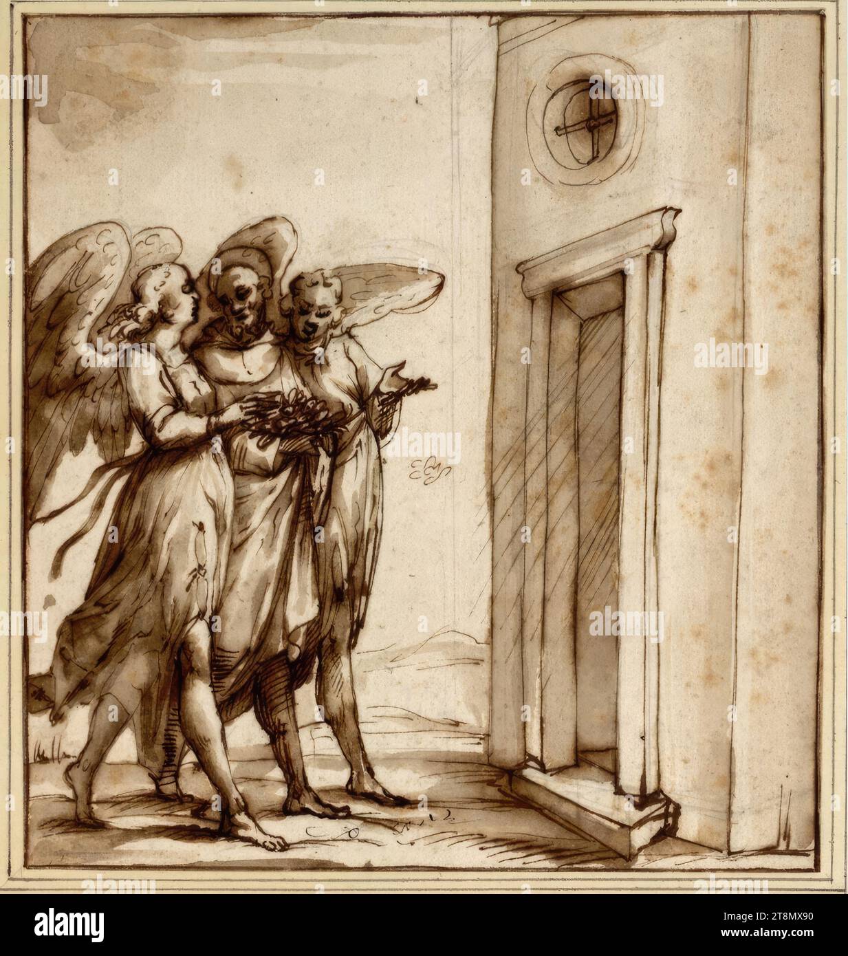 Two angels escort St. Francis into the church with the roses, Domenico Cresti called Passignano (Badia a Passignano (Tavarnelle Val di Pesa) 1559 - 1638 Florence), drawing, pen, ink, wash, 16.2 x 15.2 cm, l.b. Duke Albert of Saxe-Teschen Stock Photo