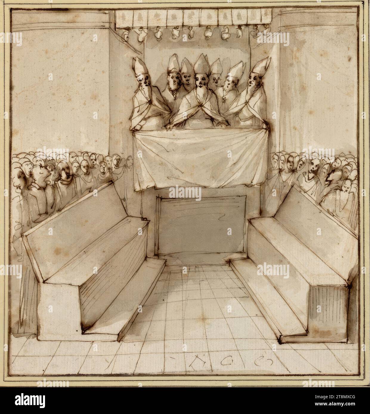 The bishops in the pulpit with empty benches in front of the people, Domenico Cresti called Passignano (Badia a Passignano (Tavarnelle Val di Pesa) 1559 - 1638 Florence), drawing, pen, ink, washed, 16.4 x 15.9 cm, l.b. Duke Albert of Saxe-Teschen Stock Photo