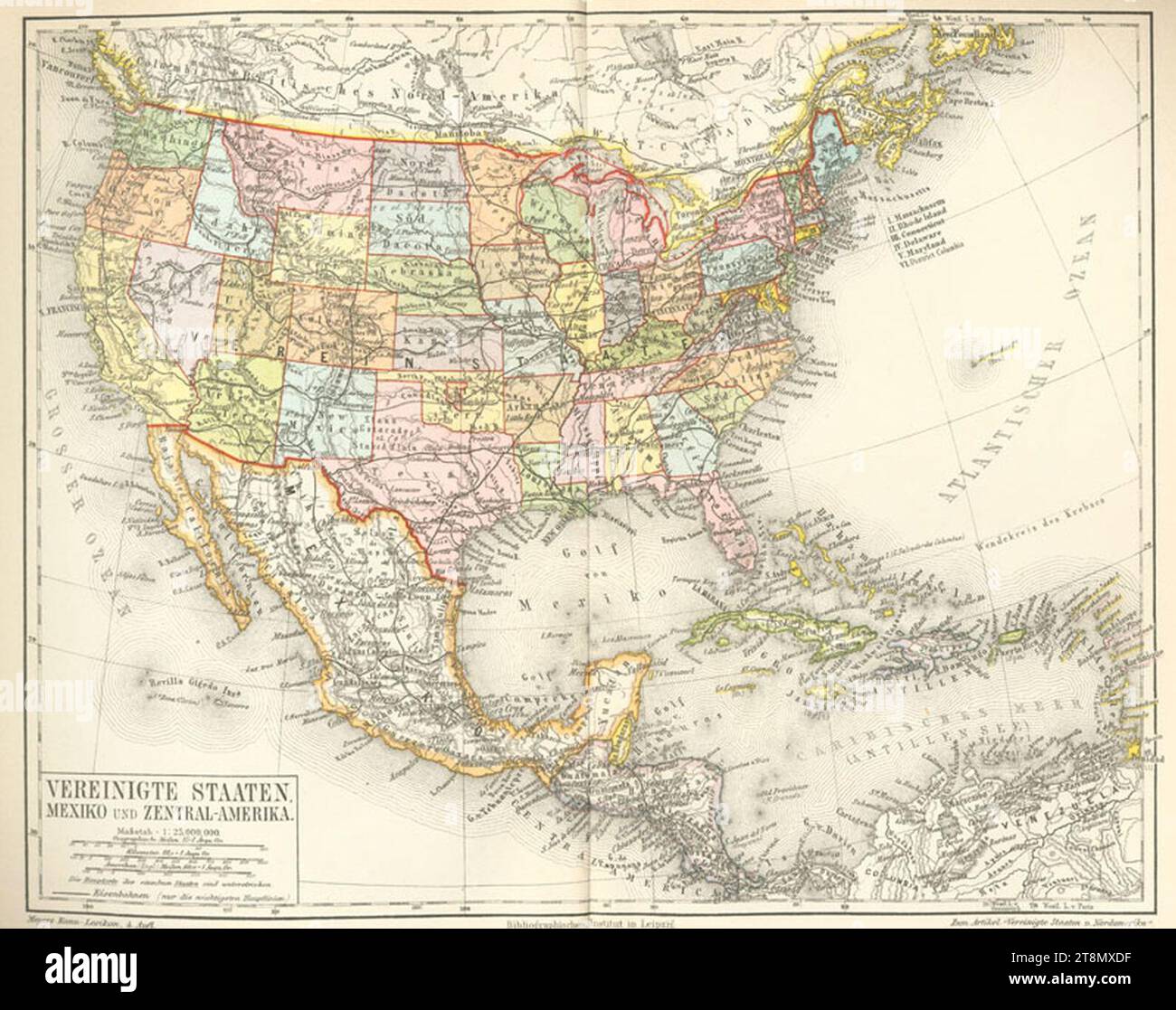 Vereinigte Staaten, Mexiko und Zentral-Amerika (Doppelseitige Farbkarte). Stock Photo