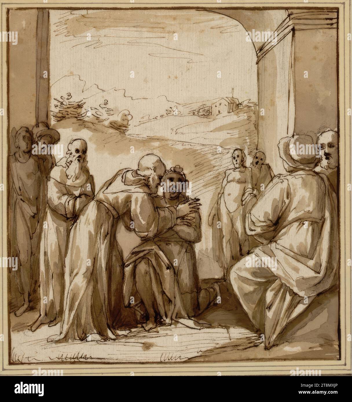 Saint Francis heals a sick person in Spoleto, Domenico Cresti called Passignano (Badia a Passignano (Tavarnelle Val di Pesa) 1559 - 1638 Florence), drawing, pen, ink, washed, 16.8 x 15.7 cm, l.l. Duke Albert of Saxe-Teschen Stock Photo