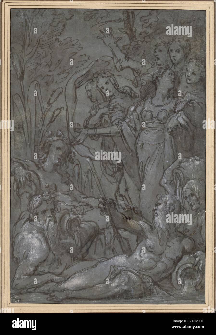 Two river gods and two spring nymphs are lying in a wood; six women approach them in astonishment, drawing, pen; gray wash; heightened with white; slate gray ground, 22.5 x 16.8 cm, l.l. Pierre Jean Mariette; r.b. Lagoy; l.b. Moritz von Fries; r.b. Duke Albert of Saxe-Teschen Stock Photo