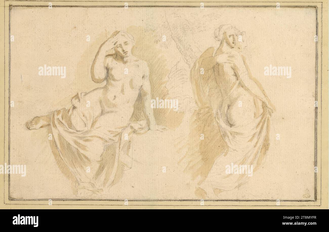 Two women sitting up and walking away, Johann Georg Wagner (Meissen 1744 - 1767 Meissen), drawing, lead pencil with light brown washes, 13.2 x 20.8 cm, r.r. Duke Albert of Saxe-Teschen Stock Photo