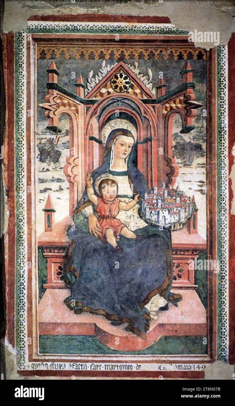Vergine con bambino e citta turrita icona passatora. Stock Photo