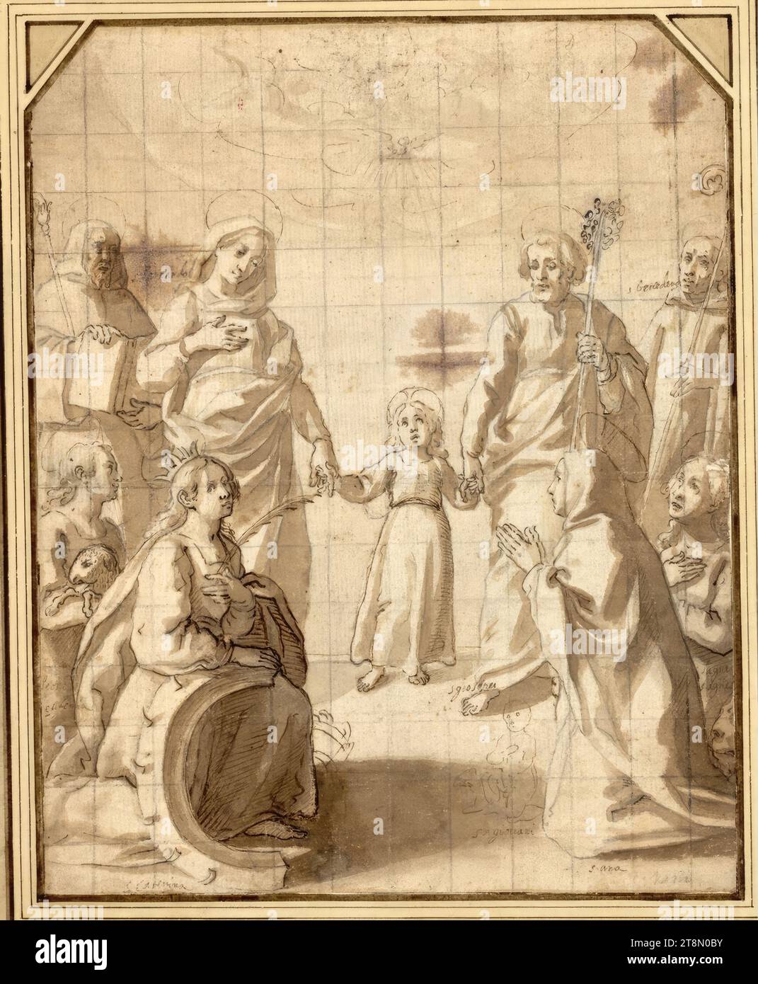 Sacra Conversazione, Anonymous, Drawing, Pen; washed; brownish paper; squared with chalk, 25.5 x 20.4 cm, l.l. Duke Albert of Saxe-Teschen, the names of the saints, assigned to the respective figure 'bernardo, s. giosepe, s.benedetto, s.agnes, s.ana, s.giovani, s.catarina, eufemia, leone Stock Photo