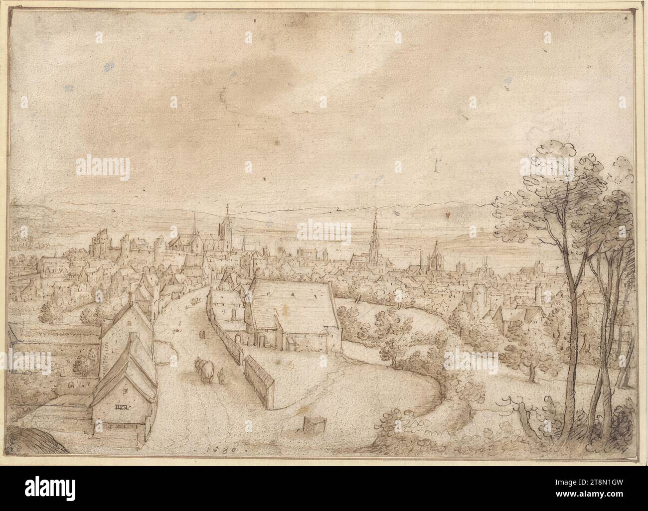 View of Brussels from Schaerbeeker Street, Hans Bol (Mechelen 1534 - 1593 Amsterdam), 1580, drawing, pen and ink in brown, washed, 14 × 19.8 cm, l. and Duke Albert of Saxe-Teschen, M.u. '1580'; mu 'Jean Bol' (on box); mu Hans Bol' (at the passe-partout); r.b. 'N. 236' (on passepartout Stock Photo