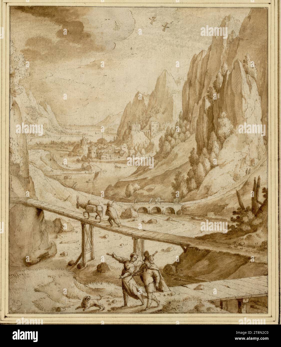 Landscape with Tobias and the Angel, Jacob Savery I (Kortrijk around 1565 - 1603 Amsterdam), drawing, pen and ink in brown, washed, 19.3 x 16.2 cm, l. and Duke Albert of Saxe-Teschen Stock Photo