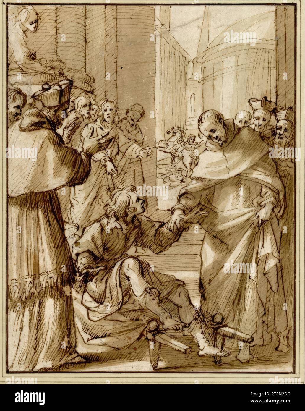 Saint Dominic heals Cardinal von Fossanova's nephew who fell from his horse, Matteo Rosselli (Florence 1578 - 1650 Florence), drawing, pen, ink, washed, 22.0 x 17.3 cm, bottom left Duke Albert of Saxe-Teschen Stock Photo
