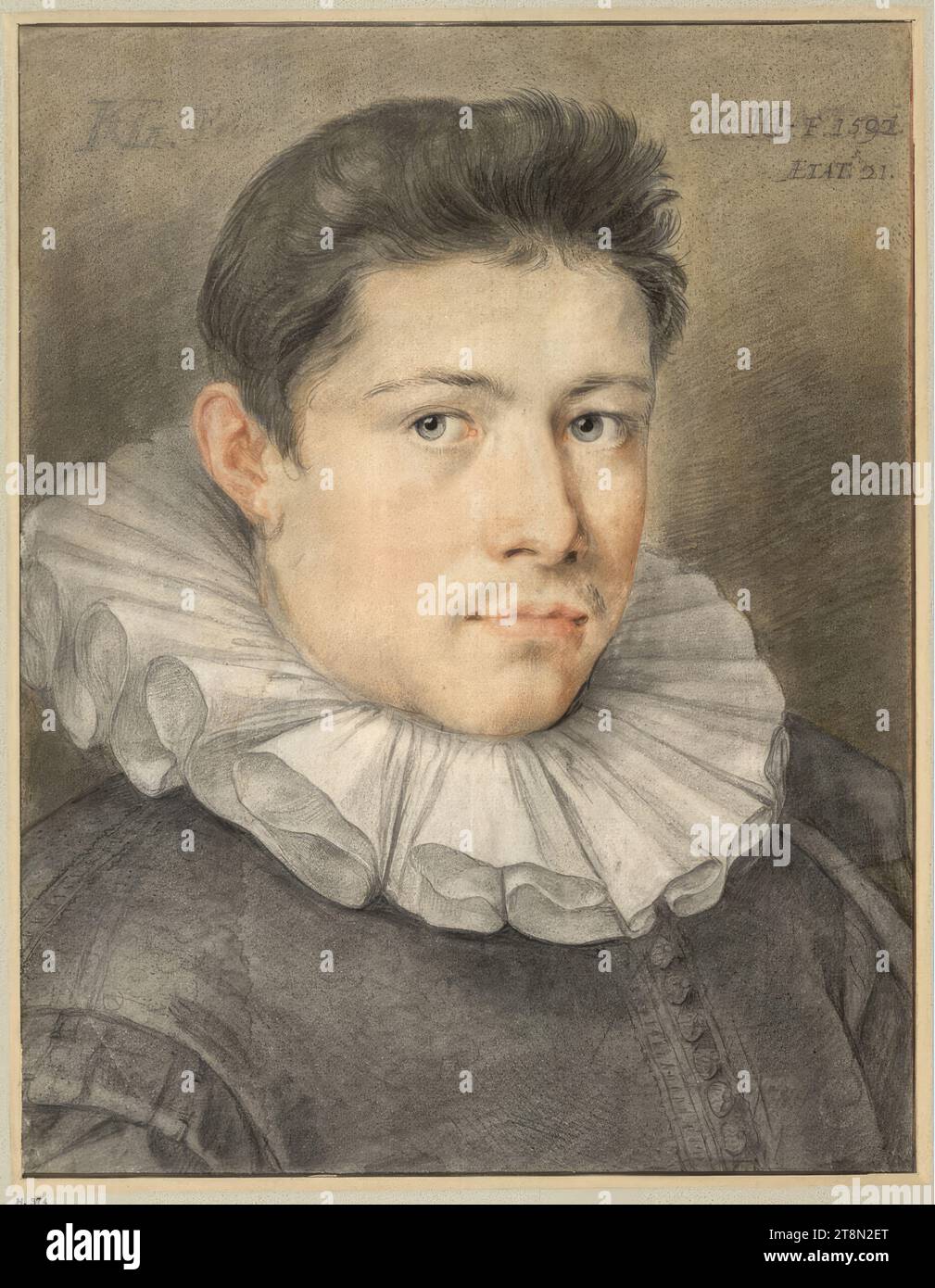 Portrait of Jacob Mathams, Hendrick Goltzius (Bracht near Venlo 1558 - 1617 Haarlem), 1592, drawing, black and colored chalk, brush in brown and black, white body paint, 36.9 × 28.5 cm, l.l. Duke Albert of Saxe-Teschen, l.o. 'H G'; r.o. 'H G. F 1592, AE TAT. 21.'; mu 'Henri Golzius' (on the box Stock Photo