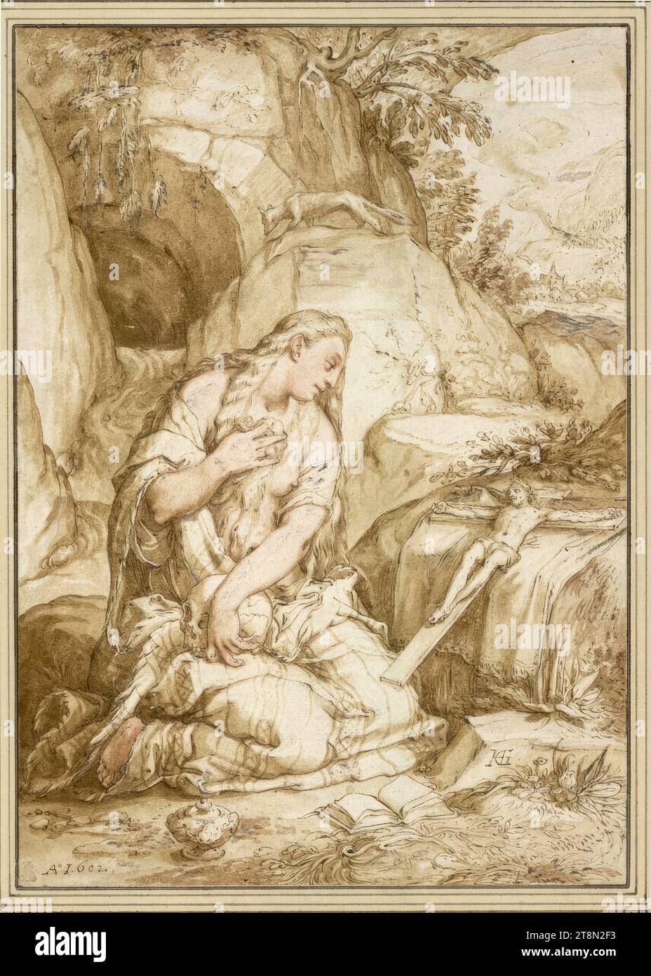 The penitent Magdalena, Hendrick Goltzius (Bracht near Venlo 1558 - 1617 Haarlem), 1602, drawing, pen and ink in brown and black, brown and reddish wash, heightened with white, 25.9 x 18.4 cm, l. and Duke Albert of Saxe-Teschen Stock Photo