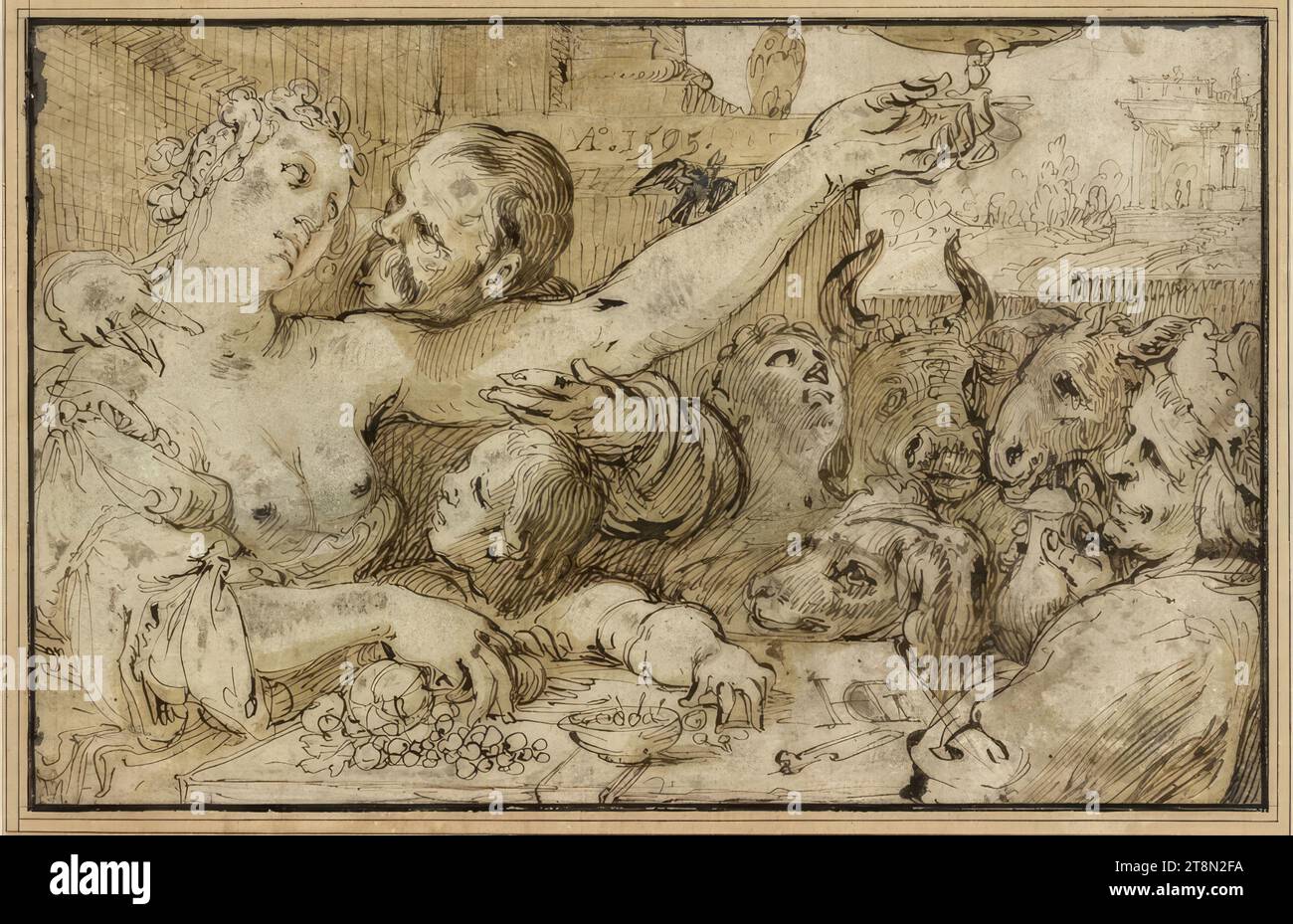 Allegorical depiction, Hendrick Goltzius (Bracht near Venlo 1558 - 1617 Haarlem), 1595, drawing, pen and ink in brown, washed, heightened with white, 19 x 29.6 cm, l. and Duke Albert of Saxe-Teschen Stock Photo