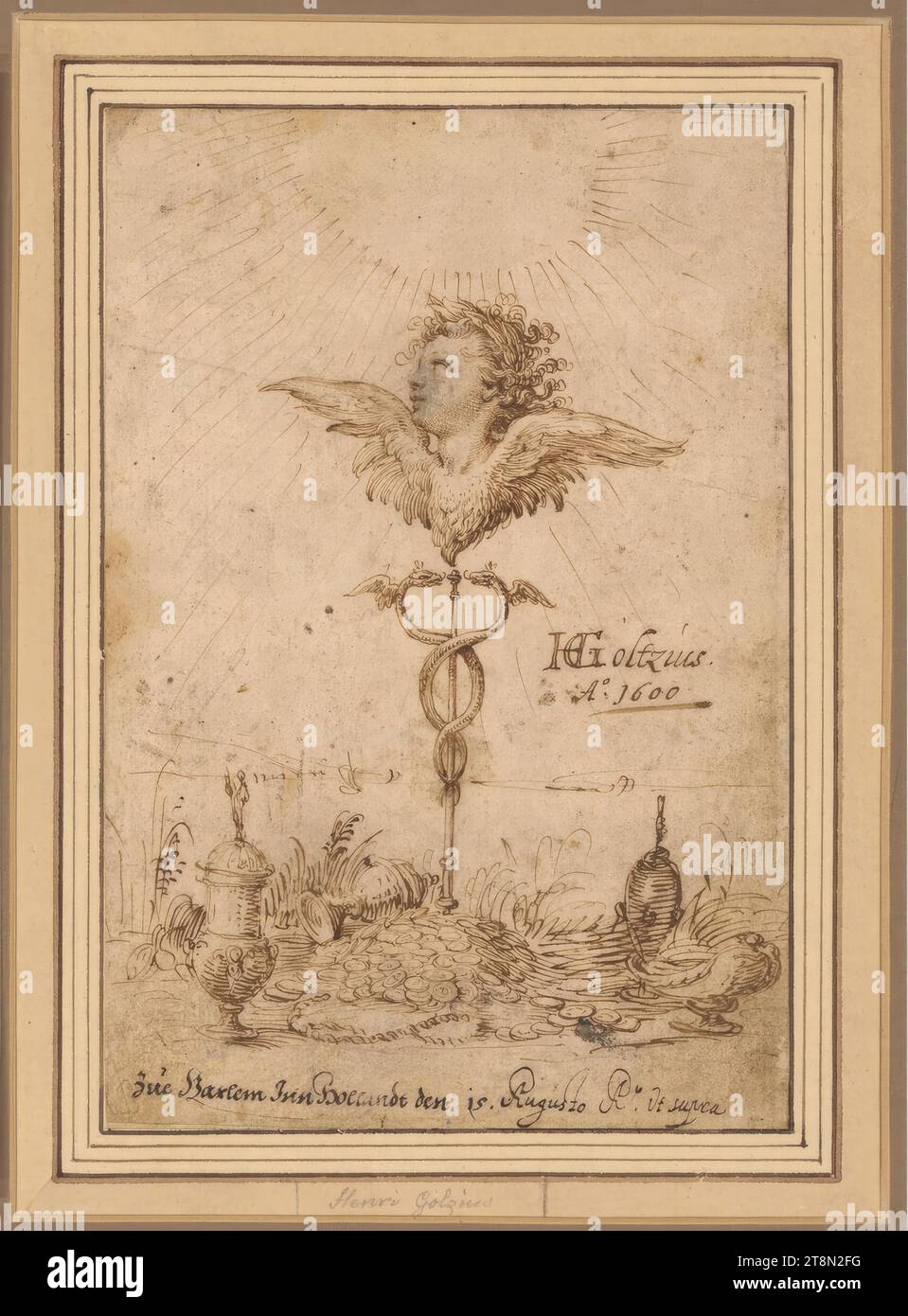 Die Devise des Künstlers, Hendrick Goltzius (brought near Venlo 1558 - 1617 Haarlem), 1600, drawing, pen in brown, 18.4 x 12.4 cm, l. u. Duke Albert von Sachsen-Teschen, 'zue Harlem Inn Holland on 15. Augusto A(nno). ct. supra' M.M. 'H Goltzius/A° 1600'; m.u. 'Hendritz Goltzius' (in cardboard); l.u. 'N. 383, Resu 196' (in passepartout); m.u. 'Hendritz Goltzius' (in passepartout Stock Photo
