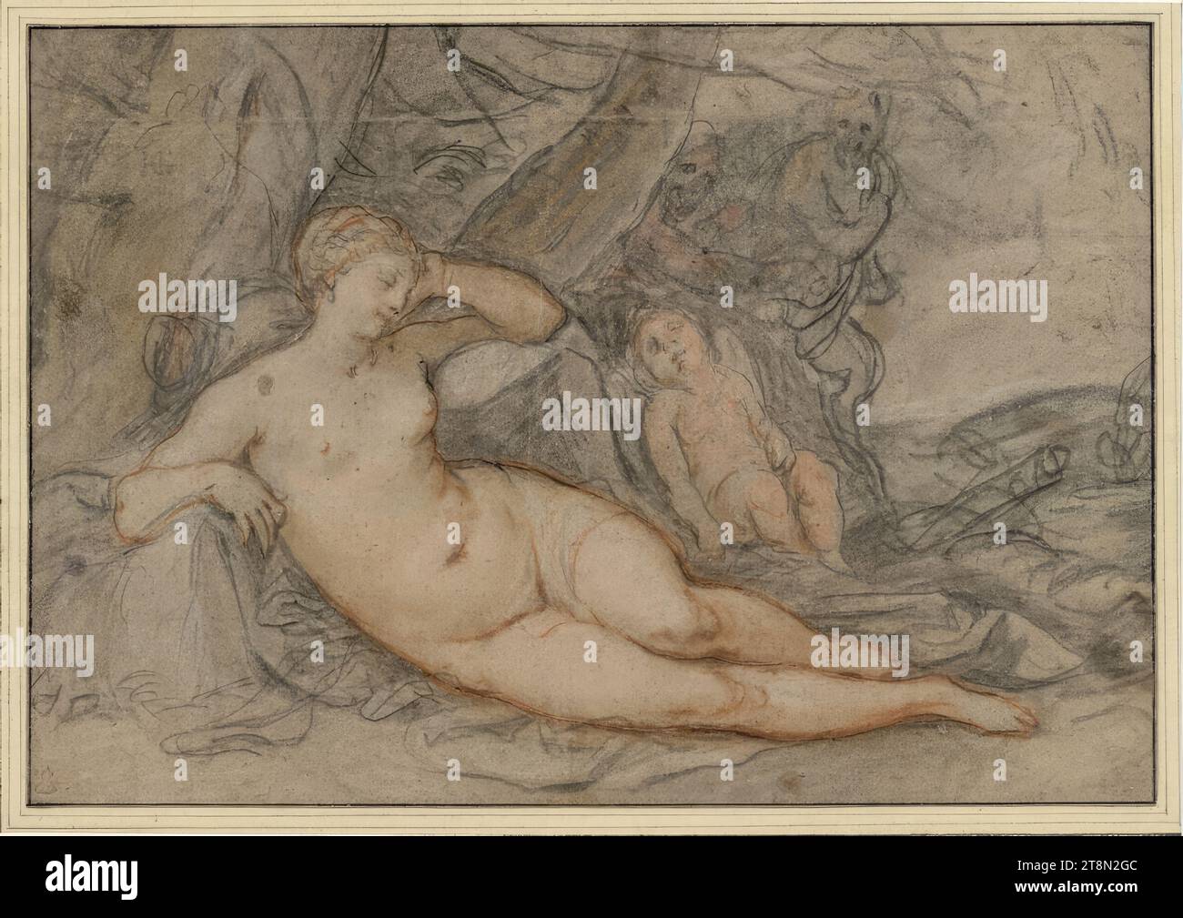 Resting Venus, overheard by satyrs, Hendrick Goltzius (Bracht near Venlo 1558 - 1617 Haarlem), drawing, black chalk, sanguine, pastel, 18.8 x 27.1 cm, l. and Duke Albert of Saxe-Teschen Stock Photo