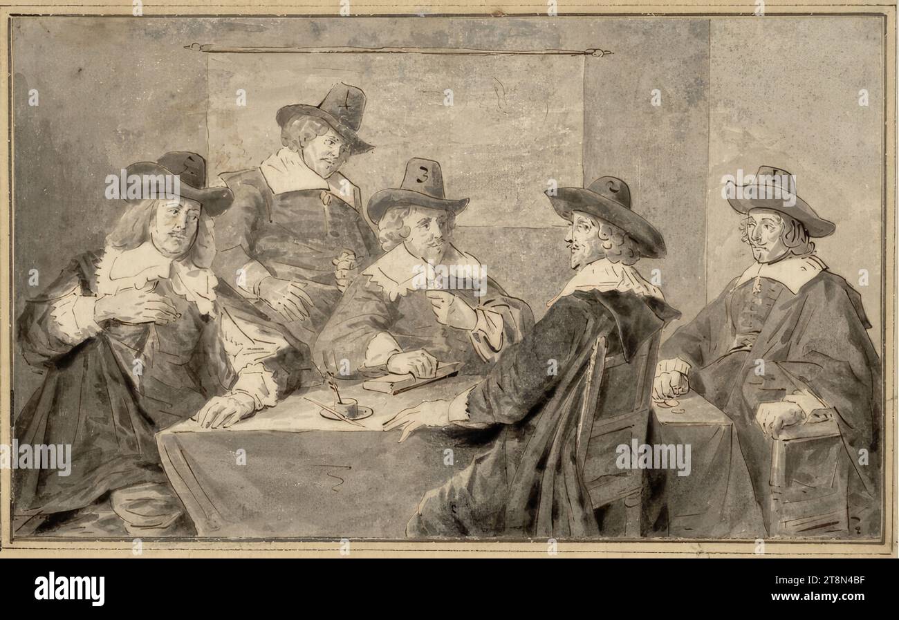 The regents of the St. Elisabeth Hospital in Haarlem, anonymous, drawing, brown pen, gray brush, gray wash., 14.6 x 24.4 cm, l. and Duke Albert of Saxe-Teschen, box: 'according to Hals' (Bredius); as well as the names of the sitters from the back of the sheet: 'Francois Wouters, Theod. Dirksdal, Jean van Clarenborck, Sal. Corisat and Sivert Jean Warmont [.....] in the hotel of Ste Elisabeth in Harlem. 1641 Stock Photo