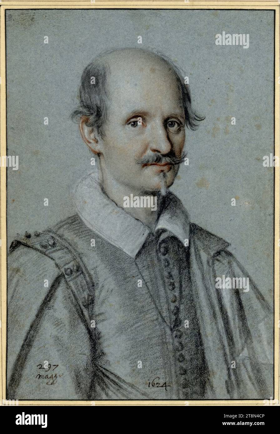Half-length portrait of the poet Tommaso Stigliano (1573-1651) with bald head, mustache brushed up and bow tie to the right, Ottavio Leoni (Rome around 1578 - 1630 Rome), drawing, chalk, red chalk, heightened with white, on blue paper, 23.3 x 16 cm, l.l. Duke Albert of Saxe-Teschen, lower left handwritten ink '297 maggi'; center bottom '1624 Stock Photo
