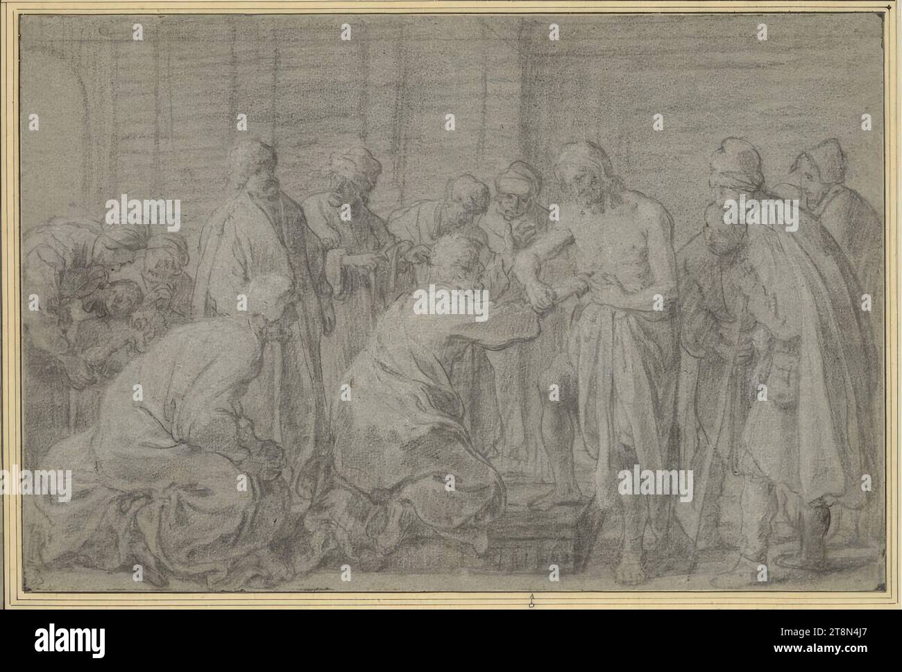 Doubting Thomas before Christ surrounded by the apostles, Claes Cornelisz. Moeyaert (Amsterdam 1592/93 - 1655 Amsterdam), drawing, black chalk, heightened with white chalk, on blue paper., 23.3 x 35.1 cm, l. and Duke Albert of Saxe-Teschen Stock Photo