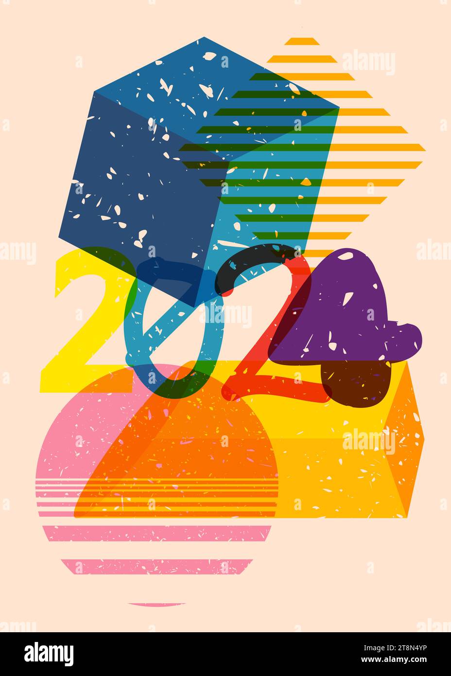 Risograph number 2024 with geometric shapes. Objects in trendy riso