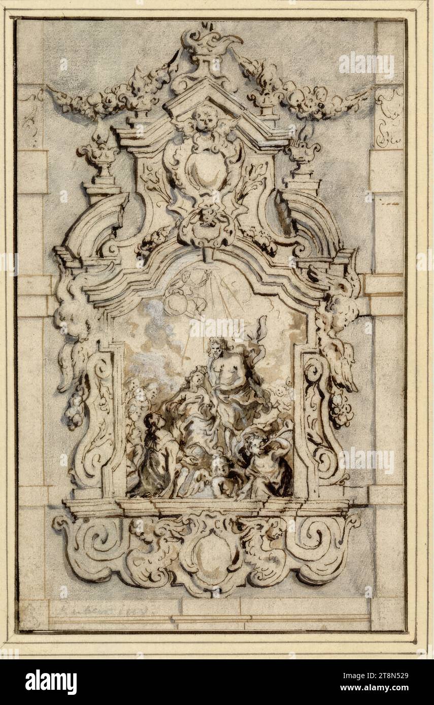 Ornamental framing of an altar painting: Coronation of the Virgin Mary, anonymous, 1658-1685, drawing, graphite pencil, pen in brown, brown wash, opaque white heightening, 15 x 9.5 cm, l.l. Duke Albert of Saxe-Teschen, inscribed left. below with graphite pencil: 'Rubens inv Stock Photo