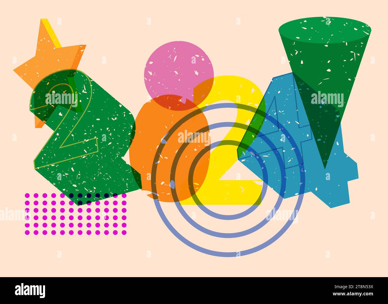 Risograph number 2024 with geometric shapes. Objects in trendy riso