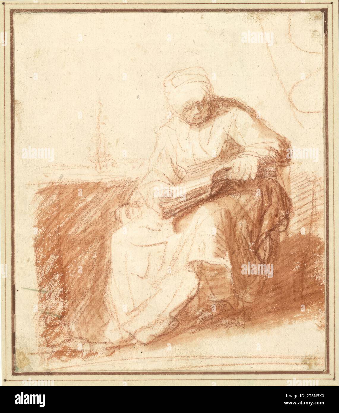 Woman reading, anonymous, 1650s, drawing, sanguine, washed, 14.9 x 12.9 cm, l.l. Duke Albert of Saxe-Teschen Stock Photo