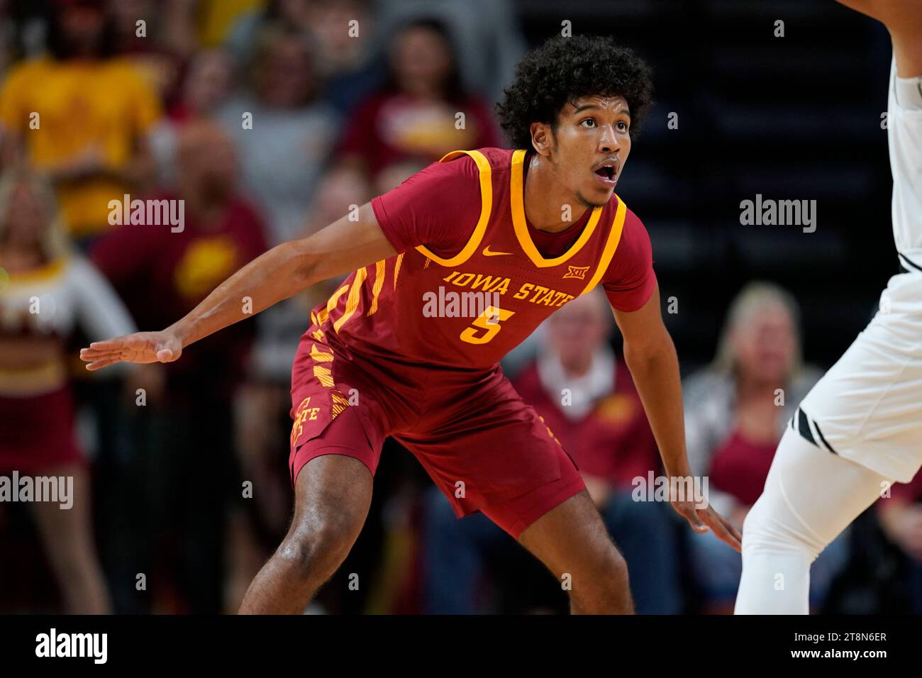 Iowa State guard Curtis Jones (5) plays defense during the first half