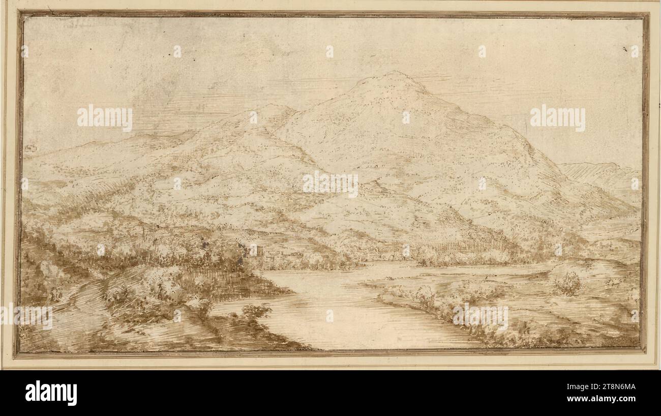 River landscape with mountains, drawing, pen (later additions with brush) in brown; creases and creases throughout; small defect on the left edge., 16.1 x 29.7 cm, l. and 2 x Duke Albert of Saxe-Teschen Stock Photo