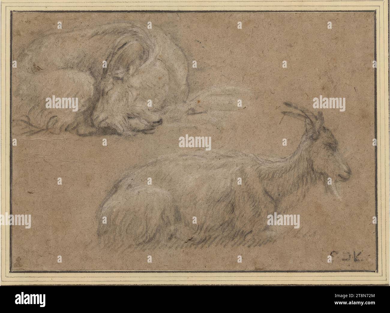Study of two goats lying down, Simon de Vlieger (Rotterdam around 1600/01 - 1653 Weesp), drawing, black chalk, heightened with white chalk, on brownish paper., 15.7 x 22.1 cm, l. and Duke Albert of Saxe-Teschen Stock Photo