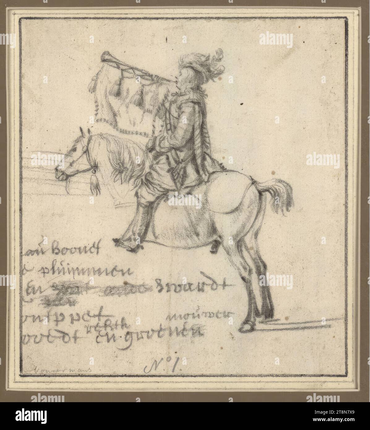 A trumpet player on horseback, Philips Wouwerman (Haarlem 1619 - 1668 Haarlem), drawing, black chalk, 14 x 12.8 m, l.l. Duke Albert of Saxe-Teschen, inscribed left. below with black chalk, four lines in Dutch. Text (trimmed left): ' ....... en groonen.' Numbered 'N°.1' in an unknown hand in graphite pencil lower center and left. captioned below: 'Wouwermans Stock Photo