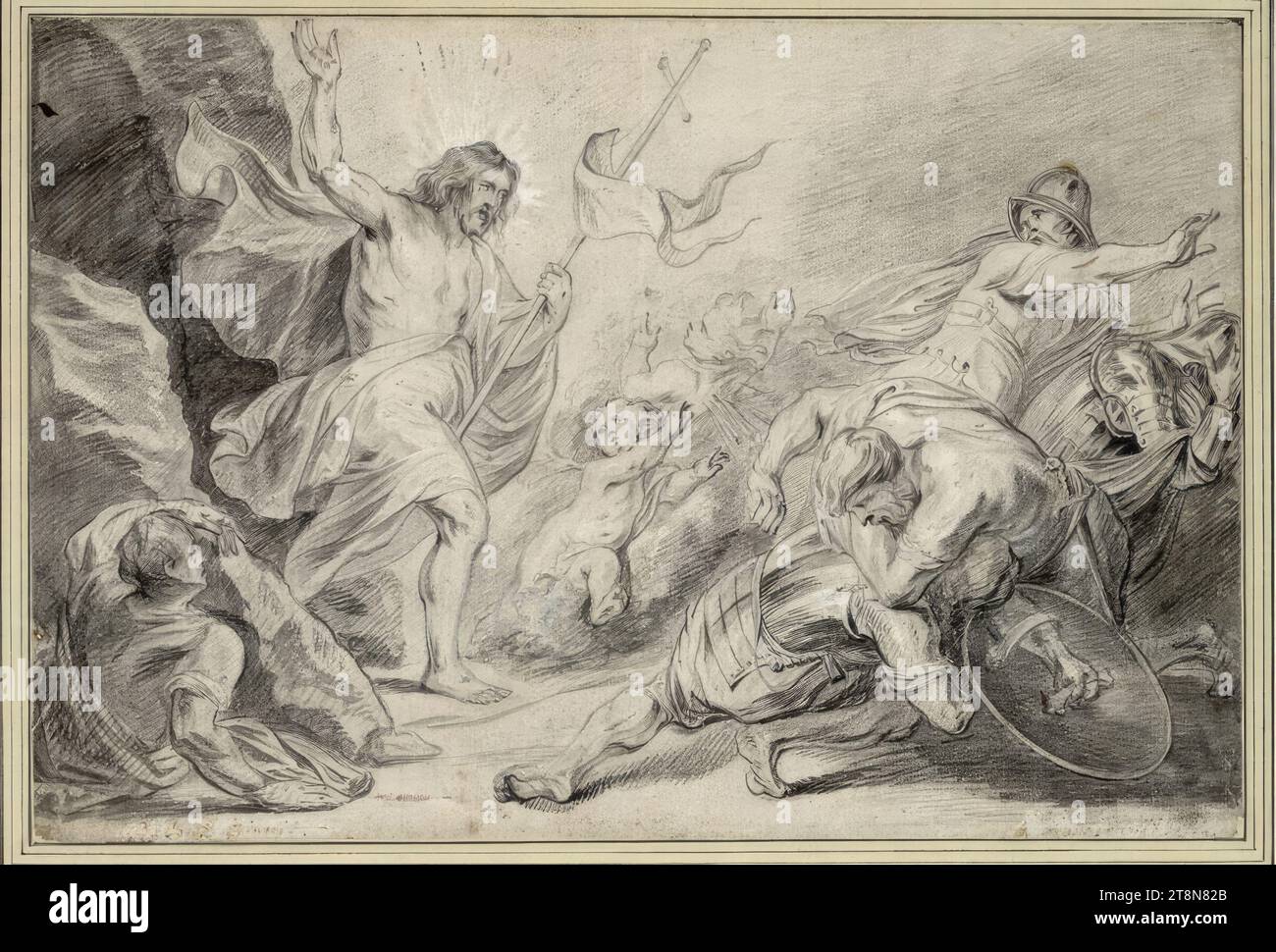 Resurrection of Christ, Abraham van Diepenbeeck (s' Hertogenbosch 1596 - 1675 Antwerp), drawing, black chalk, brush and gray, gray wash, opaque white; small brown spot over fleeing soldier's helmet; the opaque white oxidized grey-brown in places; in the lower corners and on the left. Edge slightly damaged, 22.2 x 32.7 cm, l.l. Duke Albert of Saxe-Teschen, at the bottom with pen in brown (largely erased), left: '[Rubens?] pinxit', right: 'E[....?] delin Stock Photo