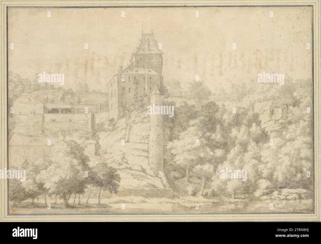 Montjardin Castle, drawing, graphite pencil, brush in grey, washed gray and light brown. Foxing., 21.8 x 32.2 cm, l.l. Duke Albert of Saxe-Teschen, inscribed on the right. below by someone else's hand: 'Everding' (right trimmed Stock Photo