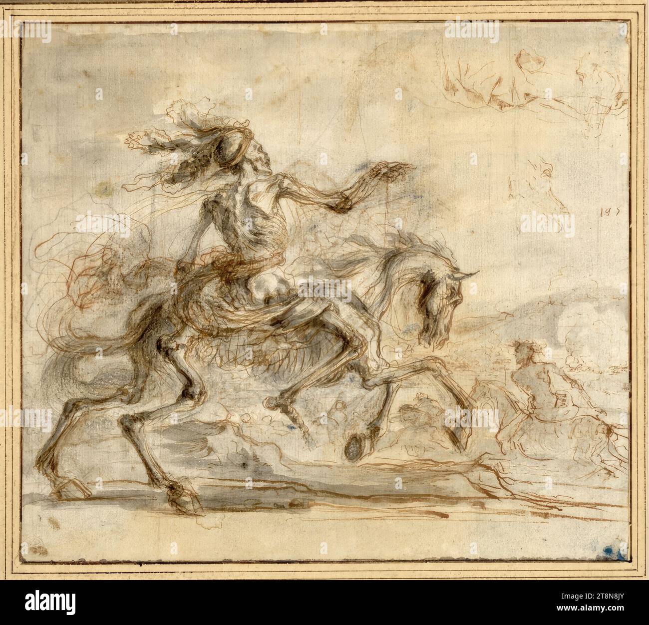Death rides right across a battlefield; Studies of robes and horses top right, Stefano della Bella (Florence 1610 - 1664 Florence), between 1639 and 1650, drawing, brown pen, brush, gray and brown wash, over black pen and sanguine, squaring with black pen, 19.5 x 22 cm, l.l. Count Moriz von Fries, r.b. Duke Albert of Saxe-Teschen, middle right with pen old number '195 Stock Photo