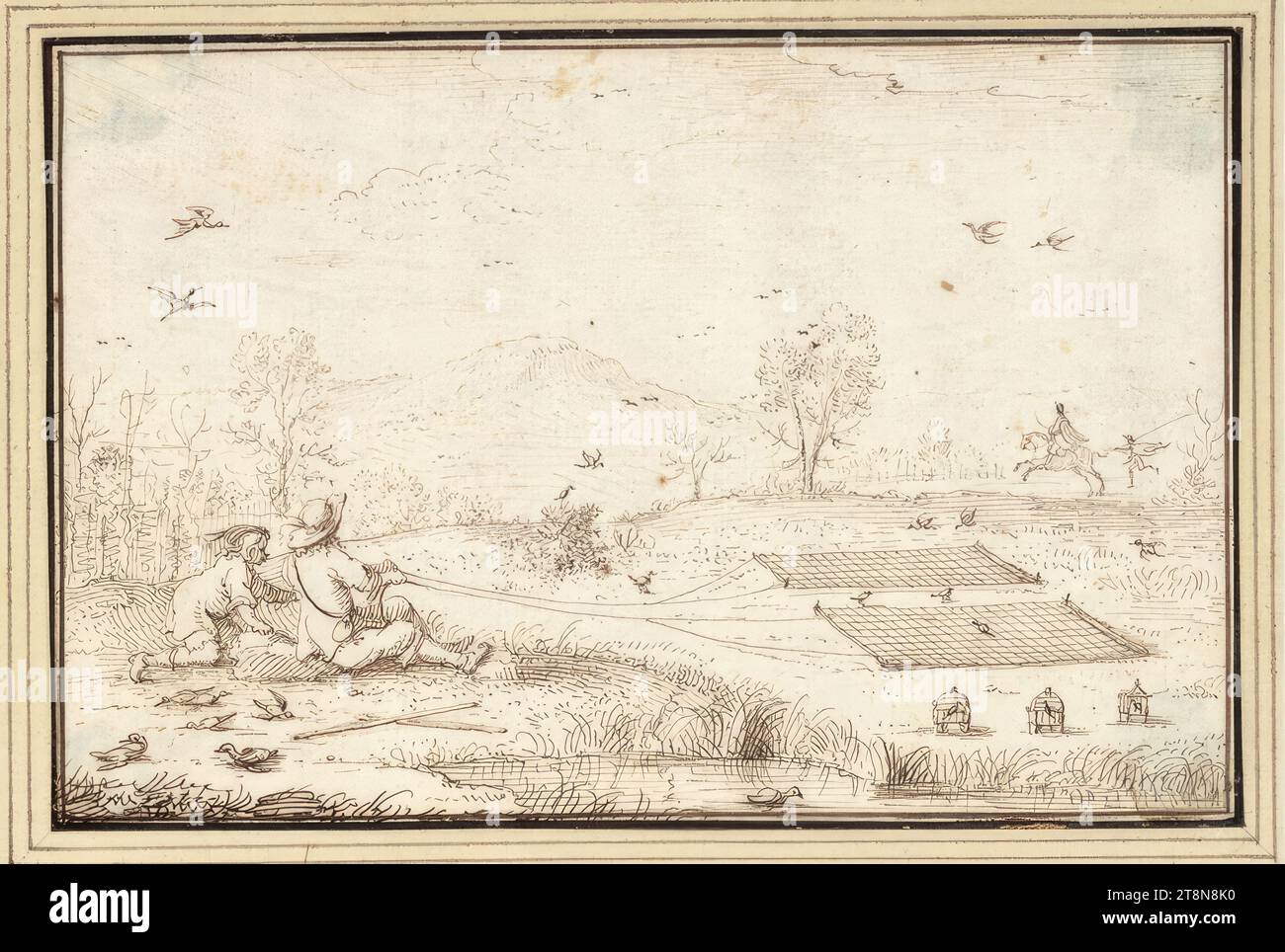 Two Fowlers at Work (I-14e), '1er Livre de Dessin' with 20 sheets, Albert Flamen (Bruges c. 1620 - after 1693 Paris), drawing, pen and ink in brown, 10.9 x 16.3 cm, r. and Duke Albert of Saxe-Teschen Stock Photo