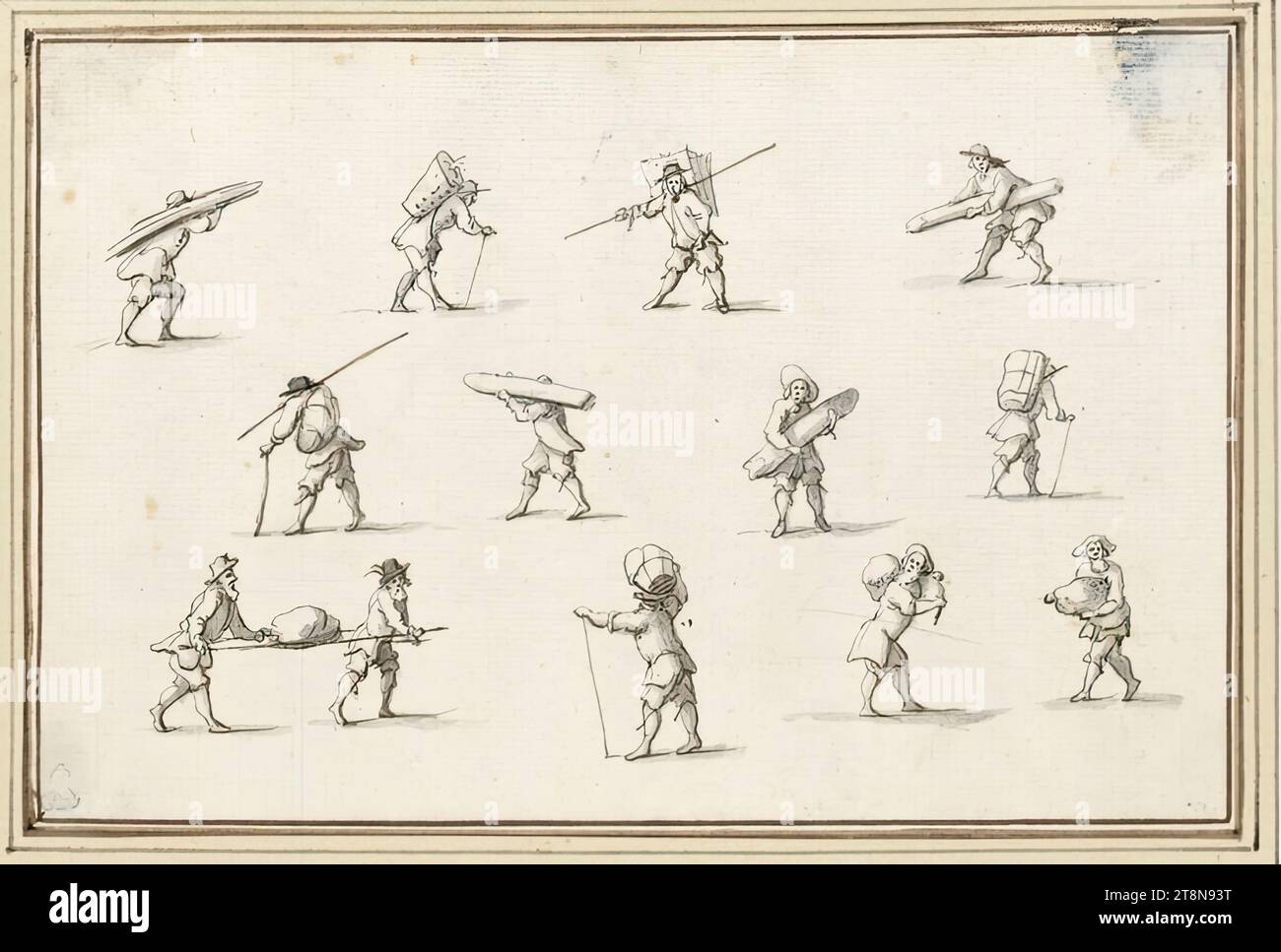 Study sheet with twelve male figures carrying planks, baskets and sacks (V-12), '5e Livre de Dessin de AB Flamen' with 34 sheets, Albert Flamen (Bruges c. 1620 - after 1693 Paris), drawing, pen and gray ink and brown, gray wash; in the right upper corner slightly damaged and blue soiled from the back., 10.9 x 16.5 cm, l. and Duke Albert of Saxe-Teschen Stock Photo