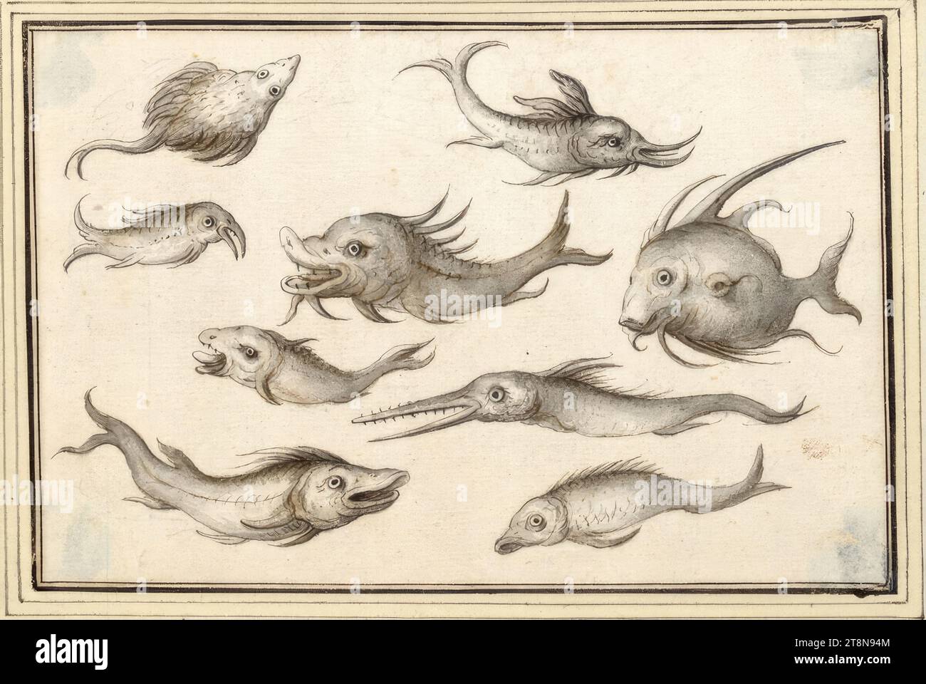 Study sheet with nine sea fish, a ray (V-34) top left, '5e Livre de Dessin de AB Flamen' with 34 sheets, Albert Flamen (Bruges around 1620 - after 1693 Paris), drawing, pen and gray and brown ink, gray wash, left remains of the preliminary drawing with graphite pencil at the top; in the right Corners slightly damaged and blue soiled from the reverse., 10.6 x 16.2 cm Stock Photo