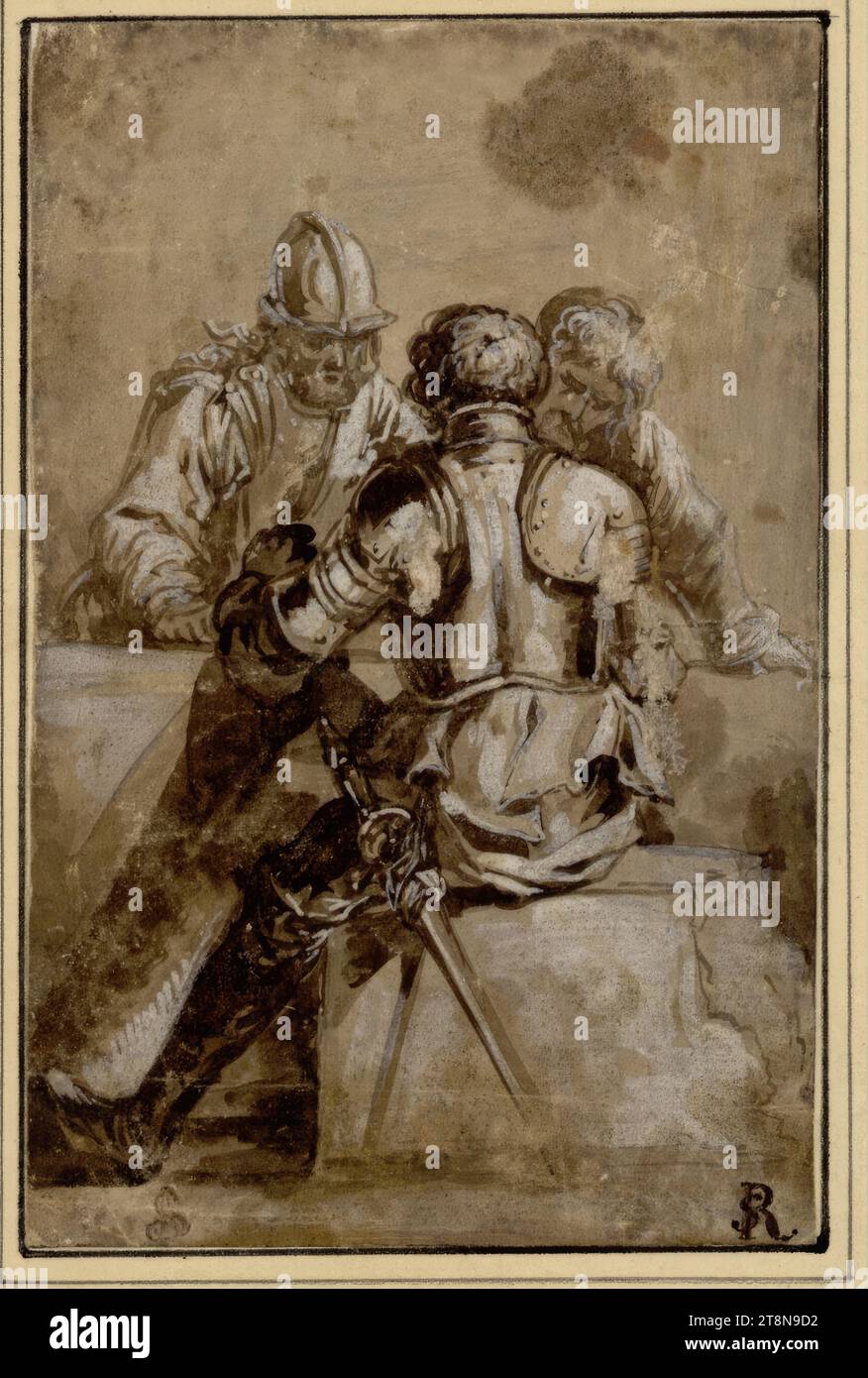 Three warriors seated around a table, Anonymous, Drawing, Brush and brown ink; heightened in white, 14.1 x 9.7 cm, unidentified caduceus ligature (L.1499); l.b. Duke Albert of Saxe-Teschen, lower right ligature Salvator Rosas 'SR'; blind stamp JV or FV (ligature) with caduceus lower left Stock Photo