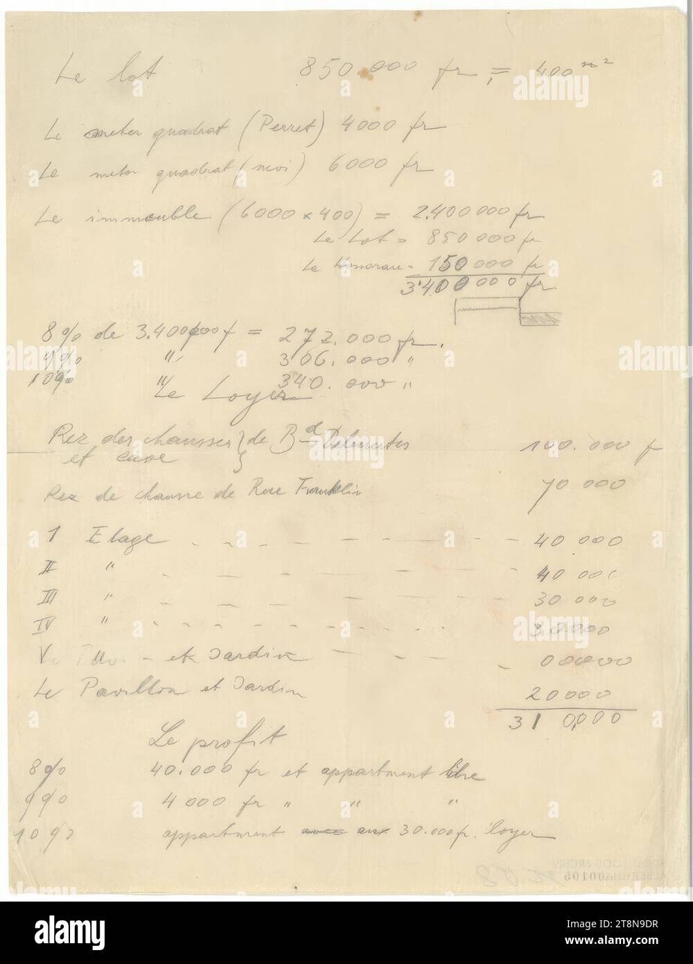 Cost calculation in French, from 1924, archival, pencil on paper, 26.8 × 20.7 cm Stock Photo